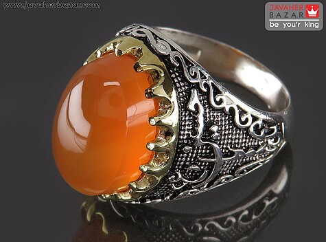 انگشتر نقره عقیق یمنی نارنجی دور چنگ مردانه [شرف الشمس و یا حسین ع] - 93001